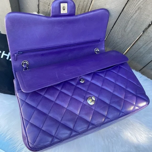 ⭐️JUMBO⭐️CHANEL classic Lambskin Jumbo double flap Lavender quilted silver chain - Picture 10 of 17